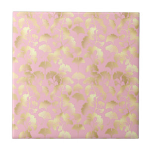 Blush Ginkgo Luxe – Gold Botanical auf Rosa (6) Fliese