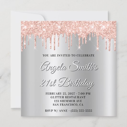 Blush Glitter Drips Silver Ombre Drop Shadow Einladung (Vorderseite)