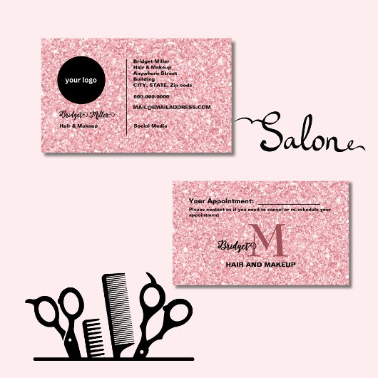 Blush Glitter Friseursalon Monogramm-Logo  Terminkarte