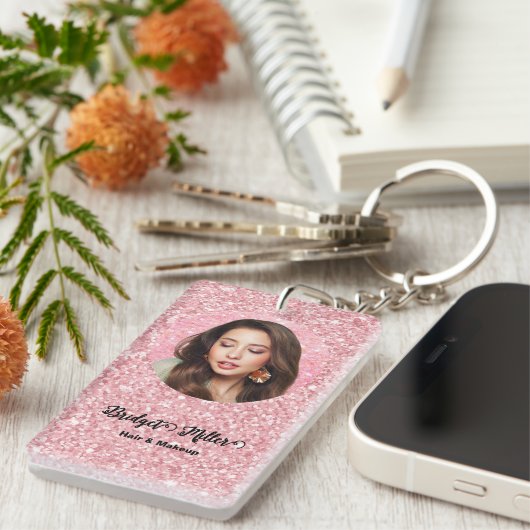Blush Glitter hair salon elegant script photo Schlüsselanhänger (Vorderseite rechts)