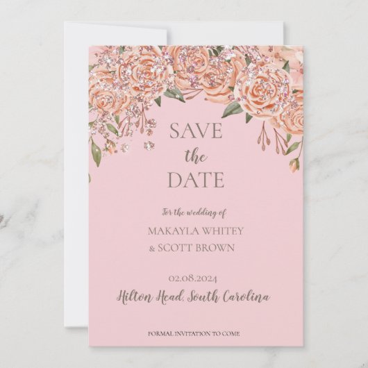 Blush Glittery Bloral Rett-the-Date-Einladung Save The Date (Vorderseite)