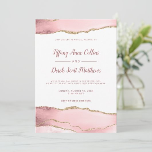 Blush Glitzer Agate Online Virtual Wedding Einladung (Stehend Vorderseite)