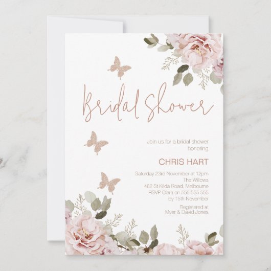 Blush Glitzer Butterfly Brautparty Einladung (Vorderseite)