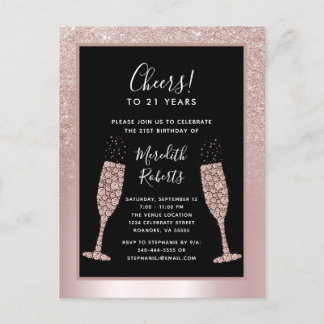 Blush Glitzer Champagne Toast 21. Geburtstag Party Einladungspostkarte