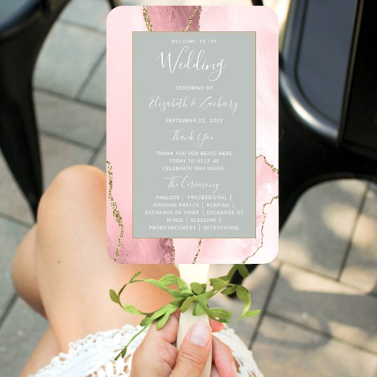 Blush Gold Agate Blale Sage Green Wedding Program Fächer