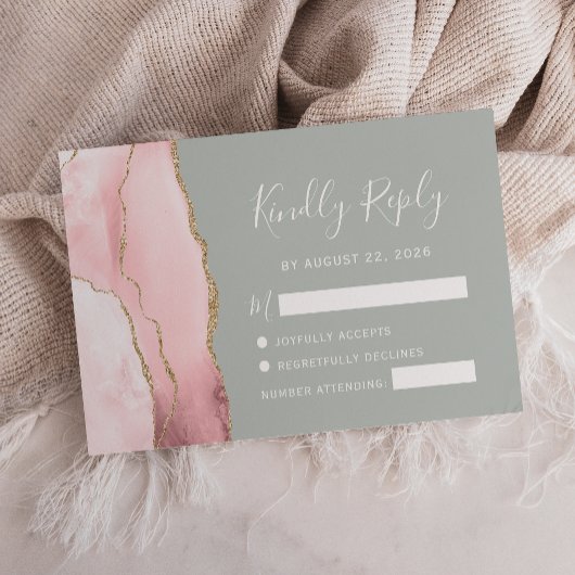 Blush Gold Agate Blale Sage Green Wedding RSVP Car Karte