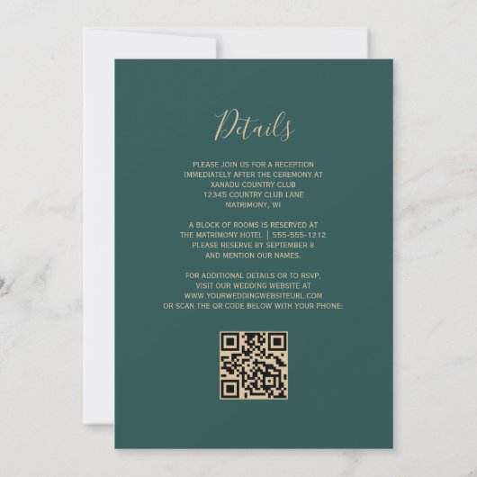 Blush Gold Agate Emerald Green QR Code Wedding Einladung (Rückseite)