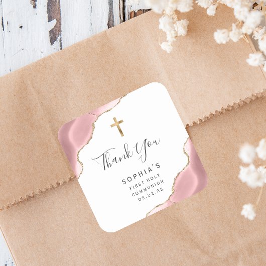 Blush Gold Agate Erste heilige Kommune Vielen Dank Quadratischer Aufkleber
