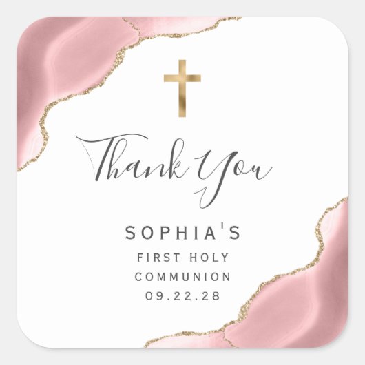 Blush Gold Agate Erste heilige Kommune Vielen Dank Quadratischer Aufkleber (Vorderseite)