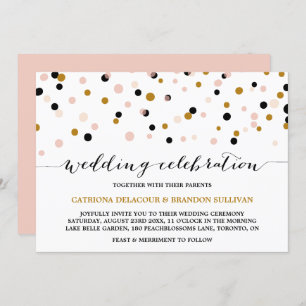 Blush, Gold & Black Confetti Dots Moderne Hochzeit Einladung