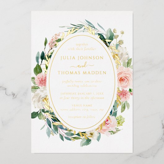 Blush Gold Bloral Foliage Hochzeit Folieneinladung (Vorderseite)