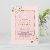 Blush Gold Blume Girl 1. Geburtstag & Taufe Einladung (Stehend Vorderseite)