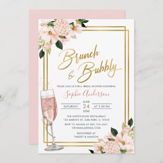 Blush Gold Blumenbrunch und Brautparty Einladung (Vorne/Hinten)