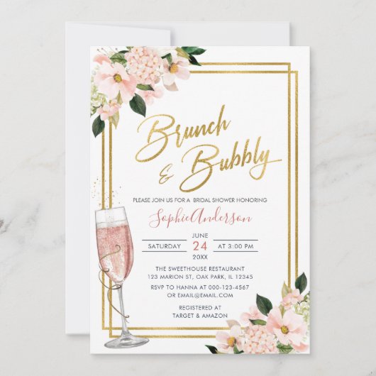 Blush Gold Blumenbrunch und Brautparty Einladung (Vorderseite)