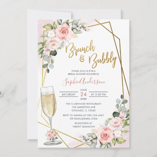 Blush Gold Blumenbrunch und Brautparty Einladung (Vorderseite)