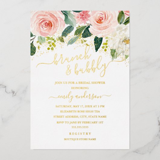 Blush Gold Blumenbrunch und Brautparty Folieneinladung (Vorderseite)