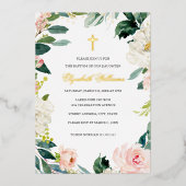 Blush Gold Blumenreath Cross Girl Baptisse Folieneinladung (Vorderseite)