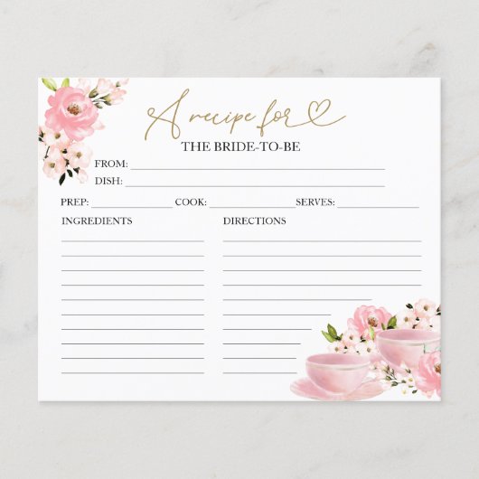 Blush Gold Blumenstrauß Tee Party Rezept Karte (Vorderseite)