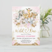Blush Gold Boho Safari Animals Wild One Birthday Einladung (Stehend Vorderseite)