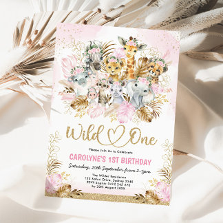 Blush Gold Boho Safari Animals Wild One Birthday Einladung