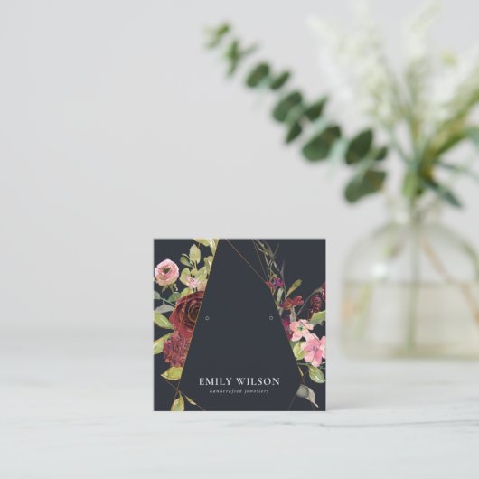 BLUSH GOLD BURGUNDY ROSE FLORALEREARRING DISPLAY QUADRATISCHE VISITENKARTE (Stehend Vorderseite)