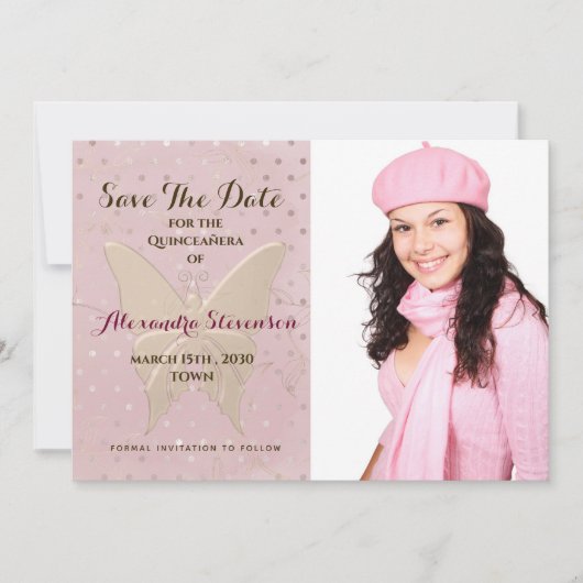 Blush Gold Butterfly Quinceañera Save The Date (Vorderseite)