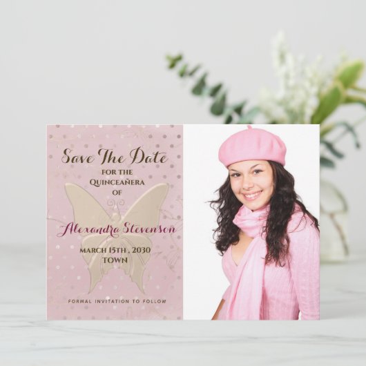 Blush Gold Butterfly Quinceañera Save The Date (Stehend Vorderseite)