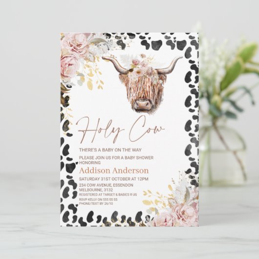 Blush Gold Chic Floral Highland Kuh Baby Dusche Einladung (Stehend Vorderseite)