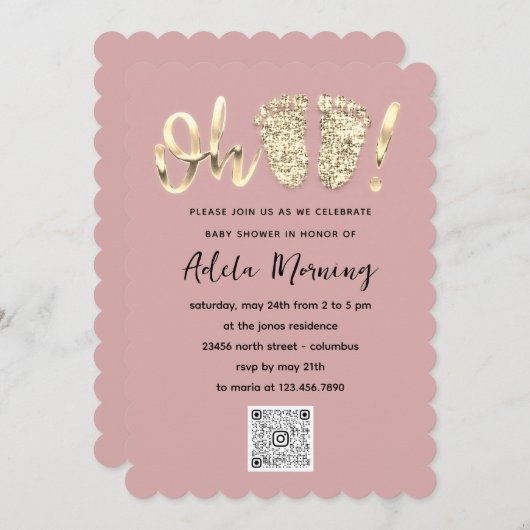 Blush Gold Confetti Feet Baby Girl QR CODE Einladung (Vorne/Hinten)