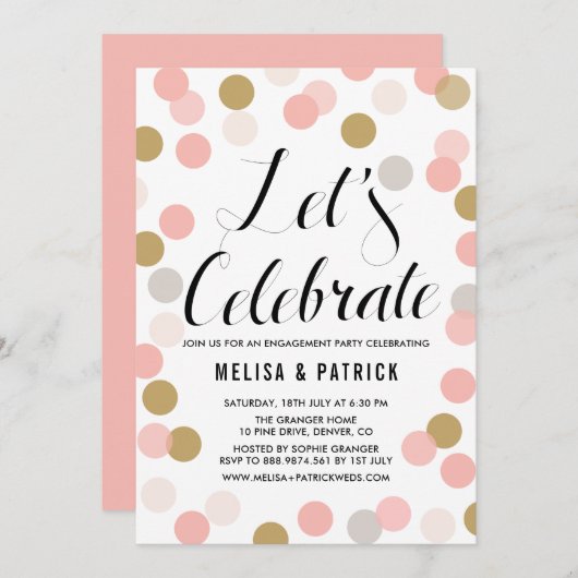 Blush & Gold Confetti Polka Dots Engagement Party Einladung (Vorne/Hinten)