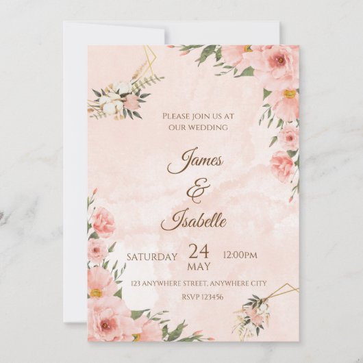 Blush & Gold: Eine blumengeschmackvolle Hochzeitsf Einladung (Vorderseite)
