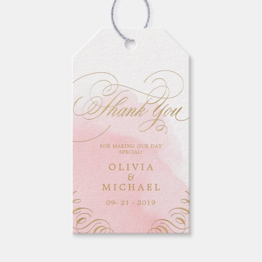 Blush Gold elegante kalligraphische Hochzeit danke Geschenkanhänger (Vorderseite)