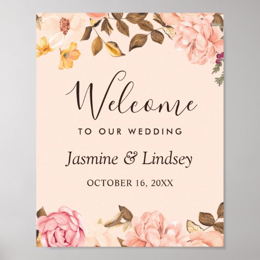Blush Gold English Floral Wedding Willkommenszeich Poster (Vorne)
