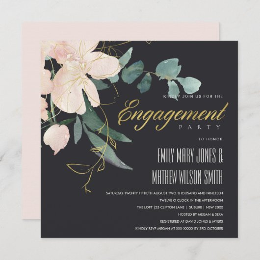 BLUSH GOLD FLORA BUNCH WASSERFARBE VERLOBUNG EINLADUNG (Vorne/Hinten)