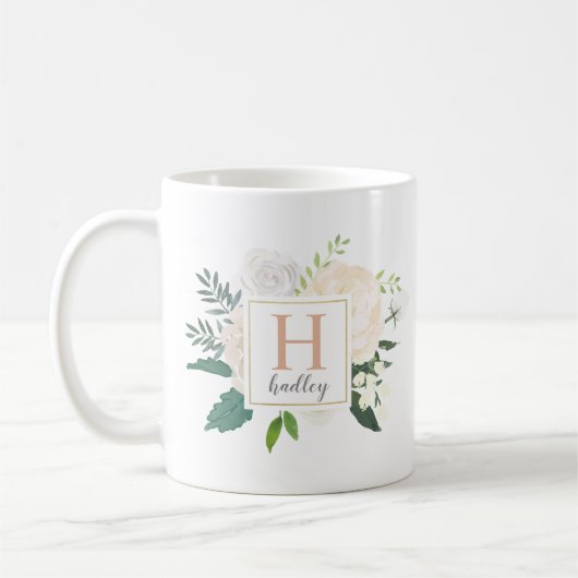 Blush Gold Floral Bouquet Custom Monogram Kaffeetasse (Links)