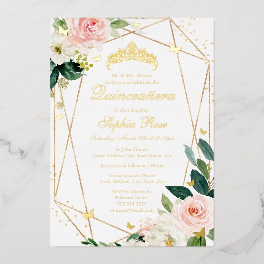 Blush Gold Floral Butterfly Quinceanera Folieneinladung (Vorderseite)