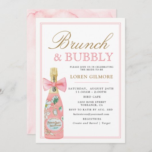 Blush Gold Floral Champagne Bridal Brunch Einladung (Vorne/Hinten)