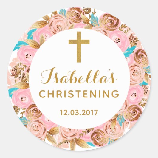 Blush Gold Floral Christening Taufen Sticker (Vorderseite)