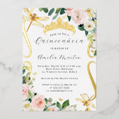 Blush Gold Floral Dragonfly Scroll Quinceanera Folieneinladung (Vorderseite)