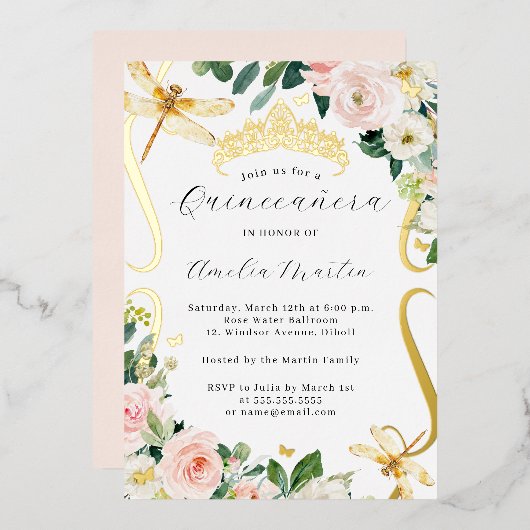 Blush Gold Floral Dragonfly Scroll Quinceanera Folieneinladung (Vorderseite/Rückseite)