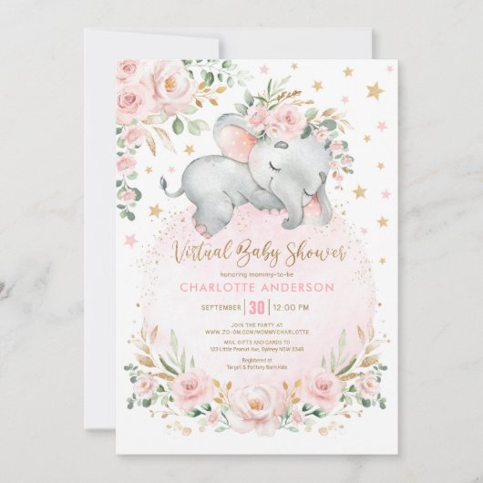 Blush Gold Floral Elephant Virtual Baby Dusche Einladung (Vorderseite)