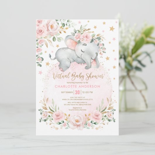 Blush Gold Floral Elephant Virtual Baby Dusche Einladung (Stehend Vorderseite)