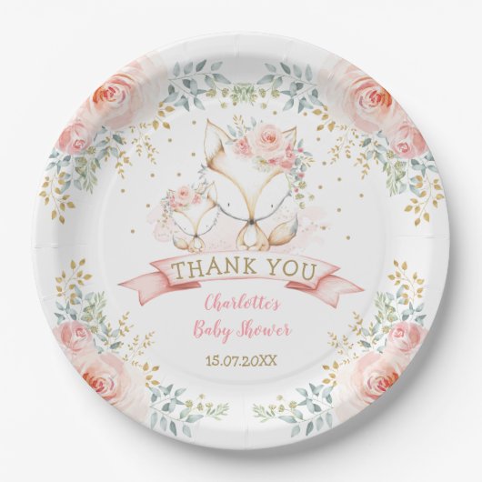 Blush Gold Floral Fox Boho Woodland Babydusche Pappteller (Vorderseite)