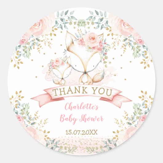 Blush Gold Floral Fox Boho Woodland Babydusche Runder Aufkleber (Vorderseite)