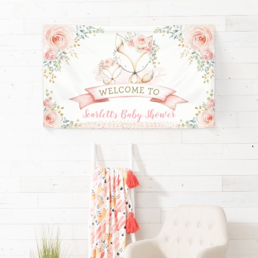 Blush Gold Floral Fox Woodland Baby Dusche Herzlic Banner (Insitu)