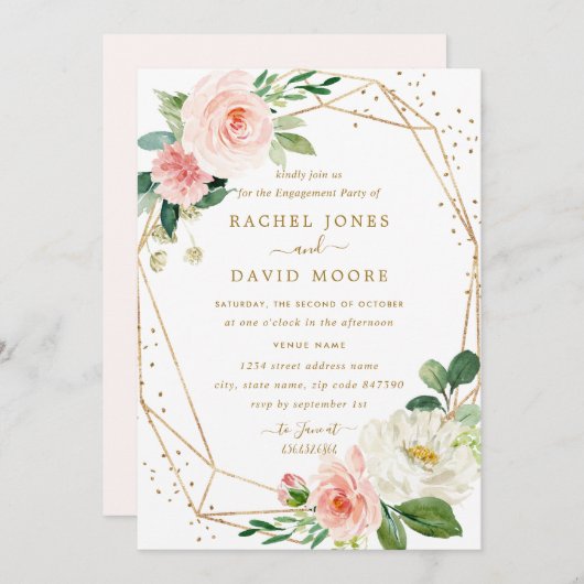 Blush Gold Floral Geometric Engagement Party Einladung (Vorne/Hinten)