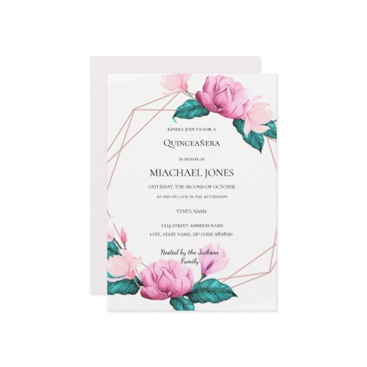 Blush Gold Floral Geometric Quinceanera Einladung (Vorderseite/Rückseite Beispiel)