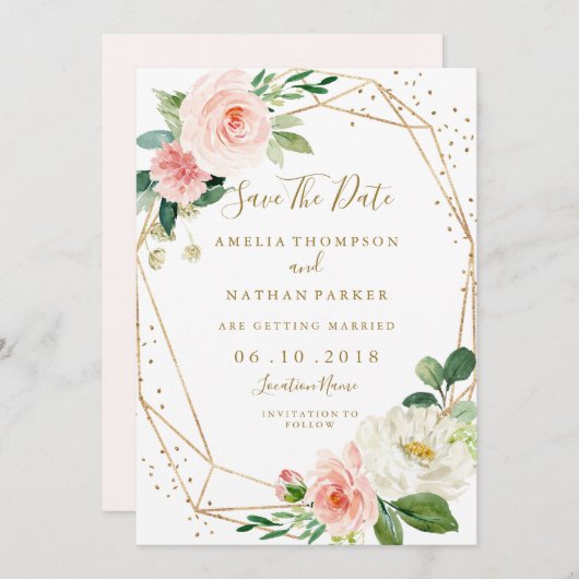 Blush Gold Floral Geometric Wedding Save the Date (Vorne/Hinten)