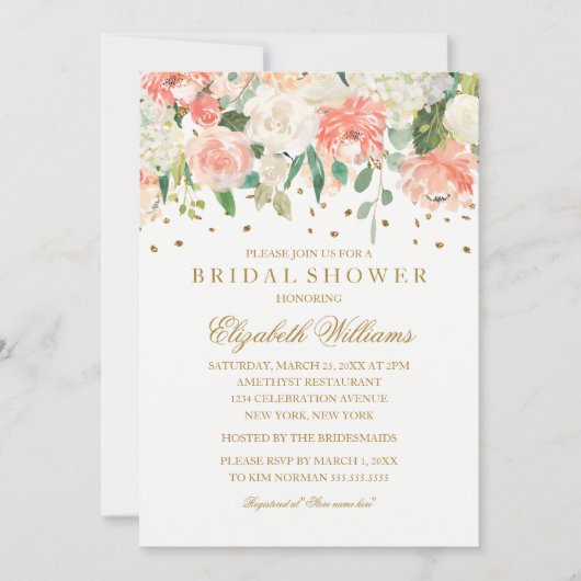 Blush Gold Floral Glitzer Brautparty Einladung (Vorderseite)