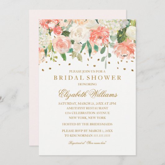 Blush Gold Floral Glitzer Brautparty Einladung (Vorne/Hinten)